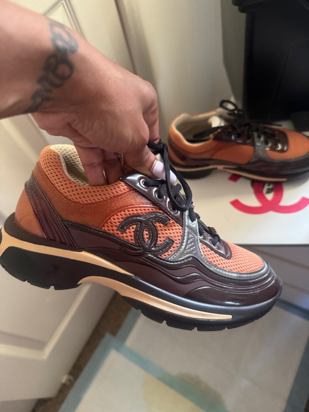 CHANEL Men's Chunky Sneakers in Orange and Brown